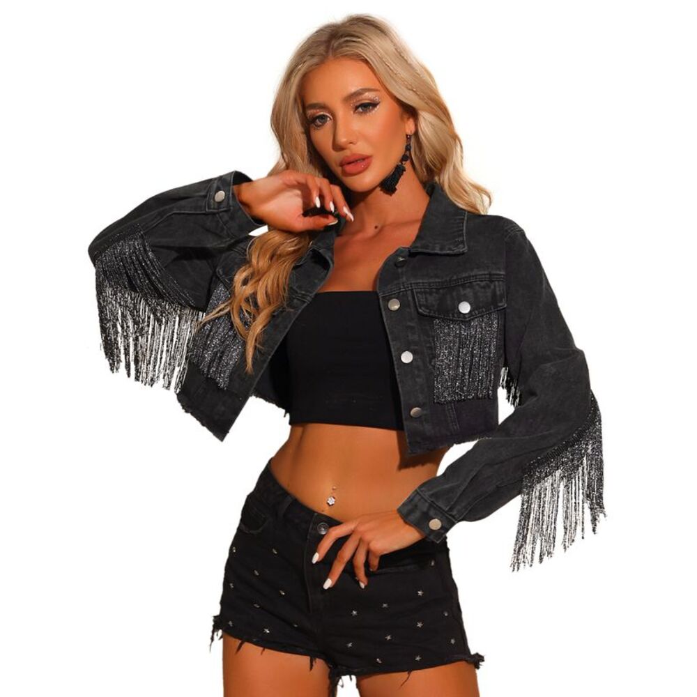Crop Denim Jacket Tassel Button Down Long Sleeves Black